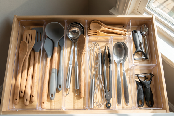 Antes e Depois de uma Gaveta de Utensílios Dividida por Categoria em Cozinha de Uso Diário